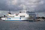 Die TT-Line Fähre MARCO POLO auf ihrem Seeweg von Rostock-Überseehafen nach Trelleborg beim Auslaufen mit ca 60 Minuten Verspätung um 09:37 Uhr in Warnemünde.12.07.2020