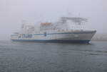Nils Dacke(IMO 9087465) auf dem Seeweg von Travemünde nach Trelleborg via Rostock beim Einlaufen bei sehr dichten Nebel in Warnemünde.20.03.2026