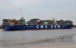 CMA CGM Nevada, ein Containerschiff, Heimathafen Monrovia, auslaufend vorbei am Willkommen Höft. Gesehen am 03.05.2013. Technische Daten: L. 366m, B. 48,20m, T. 15,50m, Kn. 25,4 Container: 12567 Teu, IMO: 99471408. 