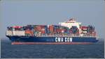Die 2006 gebaute CMA CGM PARSIFAL (IMO 9318060) am 06.05.2008 Elbe abwrts fahrend. Sie 334,07 m lang, 42,80 m breit, hat eine GT von 91649 und eine Kapazitt von 8204 20-Fu-Containern (TEU). Die Maschine leistet 68640 kW und ermglicht eine Geschwindigkeit von 25,4 kn. Heimathafen ist Monrovia in Liberia.