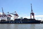 Die CMA CGM ELBE Containerschiff IMO-Nummer:9674529 Flagge:Malta L�nge:300.0m Breite:49.0m Baujahr:2014 Bauwerft:Dalian Shipbuilding Industry,Dalian China am 23.06.26 im Hamburger Hafen aufgenommen.