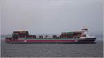 Die 2007 gebaute RIJNBORG (IMO 9355812) am frühen Morgen des 03.05.2017 im Firth of Forth. Sie ist 176 m lang, 24 m breit, hat eine GT/BRZ von 16.506, eine DWT von 16.450 und eine Kapazität von 1.712 TEU. Heimathafen ist Delfzijl (Niederlande). Früherer Name: KATHARINA.