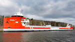 MÁXIMA (IMO 9882061) am 07.03.2021 auf der Trave in Richtung Nordlandkai Lübeck / Vorwerker Hafen fahrend. Hier in Höhe Teerhofsinsel bei Bad Schwartau. Der Stapellauf des Schiffes war im Februar 2021. Am 7.3.2021 Erstanlauf in Lübeck. Länge des Schiffes: 149,95 Meter