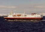 MS  Midnatsol  am 01.05.1995 südwärts fahrend zwischen Havöysund und Hammerfest.