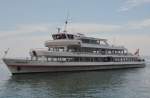 MS Vorarlberg, ein Fahrgastschiff der Bodensee-Schifffahrt legt in Meersburg an. Baujahr: 1965, Lnge: 61,95m, Platz fr 1000 Personen, Heimathafen: Bregenz. Aufgenommen am 20.06.2013.