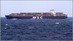 Die 2006 gebaute MSC ESTHI (IMO 9304411) ist am 06.10.2011 vor der bretonischen Kste unterwegs. Sie ist 337 m lang, 46 m breit, hat eine GT von 107.849, eine GT von 117.310 t und eine Kapazitt von 9.200 TEU. Die Maschinenleistunge betrgt 68.520 kw, die Geschwindigkeit 25,2 kn. Heimathafen ist Panama.
