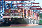 Die YM WORTHINESS Containerschiff IMO-Nummer:1019797 Flagge:Singapur L�nge:365.0m Breite:51.0m Baujahr:2026 Hyundai Heavy Industries,Ulsan S�dkorea im Hamburger Hafen am 23.06.26