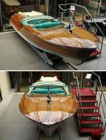 Boot  Ariston  der Fa.Riva, Italien. Baujahr 1965. L=6,52m, B=2,16m. Motor: V8 der Fa.Chris Craft mit 185PS. Diese italienische Schnheit in Holz steht fr Stil, sthetik und Individualitt. Foto:14.05.2011, Meilenwerk Berlin