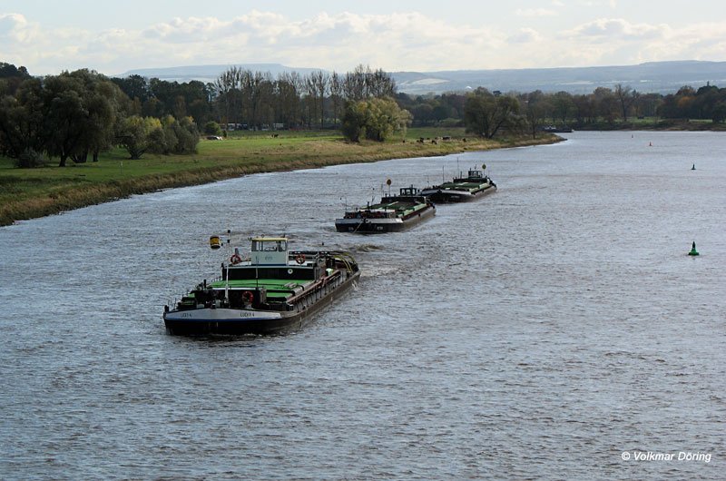 Tschechischer Schleppverband mit LUCKY-4 EVD (ex MN 7706, Baujahr 1963) auf der Elbe talwrts bei Dresden-Blasewitz/Loschwitz am 2.11.2006. Am 1. Juni 06 war dieses GMS auf das Vorlager eines Pfeilers
der Augustusbrcke aufgefahren.
