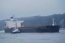 Der Bulker Grain Express IMO-Nummer:9284910 Flagge:Marshall Inseln L�nge:225.0m Breite:32.0m Baujahr:2004 Bauwerft:Tsuneishi Shipbuilding,Tokio Japan nach Hamburg einlaufend am 03.01.11