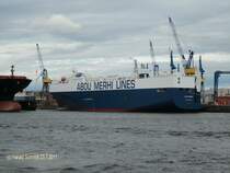 CITY OF BEIRUT (2011) (IMO 8709121) am 23.7.2011, Hamburg, am Werftkai von Blohm & Voss, Auftragsumfang: Docken, allgemeine Reparaturen und Klassearbeiten kurz vor der Ablieferung /
ex Hyundai No. 202 (1987, Taufname), Nosac Clipper (1990), Hyundai No. 202 (1993), Tongala (1997), Hyundai No., 202 (1999) /
Autotransporter / GT 31.367 / L�a 174,0 m, B 28,05 m, Tg 8,01 m / 18 kn / Manager: Abou Merhi Ship Management SAL, Beirut/Libanon / 1987 bei Hyundai Heavy Industries, Ulsan, S�d Korea /
