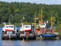 Nach Kollision mit NIEDERSACHSEN 2 ist die Klappschute FORELLE gesunken (29.08.2011 bei Geesthacht). Hier habe ich noch ein Foto aus besseren Tagen: Die beiden baugleichen Klappschuten LACHS und FORELLE sowie das Baggerschiff �GIR vom WSA Lauenburg liegen an der Einm�ndung des Elbe-Seitenkanals in die Elbe bei Artlenburg; 21.09.2009