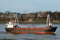 Die Danica Green IMO-Nummer:8102024 Flagge:D�nemark L�nge:68.0m Breite:10.0m Baujahr:1981 Bauwerft:Sakskobing Maskinfabrik&Skibsvaerft,Sakskobing D�nemark nach Hamburg einlaufend vor dem R�schpark Finkenwerder am 14.01.12