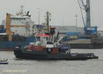BUGSIER 10 (3)   (IMO 9429560) am 29.4.2012, Hamburg, Norderelbe H�he Hansahafen / 
Schlepper / GT 485 / L�a 33,10 m, B 12,6 m, Tg 6,1 m / 1 W�rtsil�-Diesel, ges. 4800 kW, 6528 PS,  2 Rolls-Royce Ruder-Propeller in Kort-D�se, 14,2 kn, Pfahlzug 86 t / Reederei: Bugsier Hamburg /
