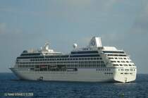 REGATTA  IMO  9156474 am 8.10.2009 vor Monaco / 
Kreuzfahrer / Reederei: Oceania Cruises, Flagge: Marshall Inseln, Heimathafen: Majuro /ex Insignia (2003), ex R TWO (1998), 
Kreuzfahrtschiff / L�a 181 m, B 25,46 m, Tg 6 m / BRZ 30277 / 4 Diesel, 12-Zyl. 19440 kW, 4 Generatoren, 2 E-Fahrmotoren, 13500 Kw, 2 Propeller, 20 kn / Pass. 400, Kab. 342, Bes. 400 /  1998 bei Chantiers, St. Nazaire / 2011 renoviert /
