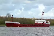 Die Jan V IMO-Nummer:8504179 Flagge:Antigua und Barbuda Länge:80.0m Breite:13.0m Baujahr:1985 Bauwerft:Krupp Ruhrorter Schiffswerft,Duisburg Deutschland bei Fischerhütte im Nord-Ostsee-Kanal erwischt am 13.04.14