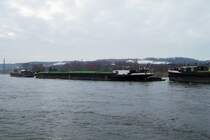 Ein tschechischer Schleppverband der Reederei EVD bestehend aus dem Motorschiff  Lucky 2  und Schleppk�hnen  Petra-2  sowie  Petra-4  am 16.03.2005 zu Berg in Coswig-K�titz, Elbe-Kilometer 73.