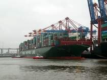 CSCL Globe , IMO 9695121 , 399,67 x 58,6m , Tg. 16m , 19100 TEU , am 13.01.2015 bei regnerischem Wetter im Waltershofer Hafen in HH. Das z.Zt. Weltgrößte Containerschiff ist auf Jungfernfahrt und dies war der 1.Aufenthalt im Hafen HH.  