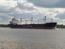 JUNO (IMO 9422378) am 11.9.2014, Hamburg auslaufen, Elbe Höhe Wedel /
Bulk Carrier / GT 20.603 / Lüa 189,57 m, B 23,76 m, Tg 14,59 m / 1 Wärtsilä-Diesel, 6RTA48TB, 14,5 kn / 2011 bei Mingde Heavy Industry Co., Ltd., Nantong, China / Flagge: Bahamas, Heimathafen: Nassau /  Eigner: Erato Five Shipping Ltd., Operator: Polsteam, Stettin, Polen /
