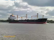 JUNO (IMO 9422378) am 11.9.2014, Hamburg auslaufen, Elbe Höhe Wedel /
Bulk Carrier / GT 20.603 / Lüa 189,57 m, B 23,76 m, Tg 14,59 m / 1 Wärtsilä-Diesel, 6RTA48TB, 14,5 kn / 2011 bei Mingde Heavy Industry Co., Ltd., Nantong, China / Flagge: Bahamas, Heimathafen: Nassau /  Eigner: Erato Five Shipping Ltd., Operator: Polsteam, Stettin, Polen /
