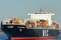 Die MSC Susanna IMO-Nummer:9290543 Flagge:Panama Länge:337.0m Breite:46.0m Baujahr:2005 Bauwerft:Samsung Heavy Industries,Geoje Südkorea am 01.04.16 auslaufend aus Hamburg aufgenommen am Rüschpark in Finkenwerder.