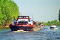 Das tschechische MS  Carina  passiert mit langsamer Fahrt den Havaristen  Lucky 1  (Elbe-Km 74, Sept.2003). MS  Carina  (Euro-Nr. 9551077) ist der ehemalige  Torgelow  der Binnenreederei Berlin. - Scan vom Kleinbild-Negativ