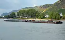 Schubschiffverband  Diablo mit Leichter Mansum auf dem Rhein bei Andernach zu bergfahrend am 03.10.16. Diabolo L�nge:110m, Breite: 11,45m, Heimathafen: Br�gge.