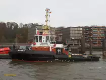 Die nagelneue BUGSIER 11 (4) (IMO 9800348) am 13.11.2016, Hamburg, Elbe Schlepperponton Neumühlen /
ASD (Azimuth Stern Drive), offshore-, salvage-, and firefighting-services Tug, für Tiefsee-, Küsten- und Hafen-Schleppdienste  /  BRZ 499 / Lüa 32 m, B 12,5 m, Tg 6 m / 2 Diesel, ABC Typ 12 DZC 1000-168-A, ges. 5.000 kW (6.800 PS), 2x Schottel SRP 4000 CP, 14 kn, Pfahlzug 85,5 t, max. 88 t  / gebaut bei Bogazici-Werft in Istanbul, Indienststellung  Oktober 2016  /
