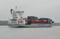 Beate, Container Unifeeder Schiff, Heimathafen Hamburg. IMO: 9333345. Am 26.09.17 auslaufend bei Wedel.