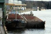 Staubige Umschlagarbeiten am 16.01.2018 im Spandauer Südhafen. Hackschnitzel/Holzreste werden vom GMS Tarkana (06003569 , 79,84 x 8,20m) auf Leichter umgeladen.