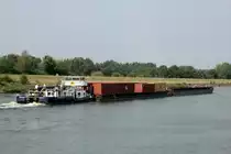 SB Orion II (05609480 , 25,22 x 8,16m) hatte am 23.08.2018 die 2 je 65m langen Container-Leichter im Unterwasser des Schiffshebewerkes Scharnebeck übernommen und fuhr im Elbe-Seitenkanal zu Tal gen Hamburg.