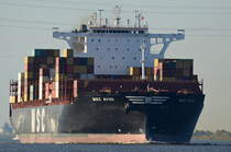 Die MSC Avni IMO-Nummer:9756729 Flagge:Liberia Länge:314.0m Breite:48.0m Baujahr:2017 Bauwerft:Jinhai Heavy Industry,Zhoushan China nach Hamburg einlaufend bei Lühe am 13.10.18