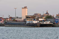 Ein nicht näher bezeichnetes Gütermotorschiff Ende Juli 2018 im Straatsburgdok Antwerpen.