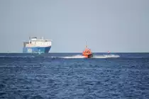 Lotsenboot Knurrhahn und die Finnlines Fähre Finnlines vor Warnemünde.22.02.2019