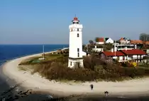 Der 21 m hohe Leuchttrum Strib Odde Fyr liegt auf der Insel Fünen und markiert den Zusammenfluss vom Kleinen Belt mit dem Großen Belt; 07.04.2019