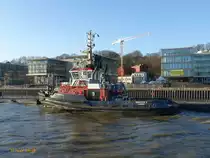 BUGSIER 9 (IMO 9429558) am 19.3.2019, Hamburg, Elbe, Schlepperponton Neumühlen /

ASD-Schlepper / BRZ 485 / Lüa 33,1 m, B 12,6 m, Tg 6,1 m / 2 Wärtsilä-Diesel, ges. 4800 kW, 6528 PS, 2 Rolls-Royce Ruder-Propeller in Kortdüse, 14 kn, Pfahlzug 84 t / 2009 bei Gemsan Shipbuilding Industry, Istanbul, Türkei /

