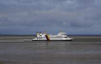 MS Nordfriesland der Wyker Dampfschiffahrts-Reederei Föhr-Amrum (Husumer Schiffswerft, Indienststellung 28.03.1995, 67,84 x 14,80 m, Tiefgang 1,96 m, 2.290 BRZ, 12,5 kn, 2040 kW) am 05.07.2019 in Dagebüll