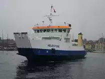 Motorfähre Hojestene im Hafen von Svendborg, gebaut auf der Werft Tórshavnar Skipasmidja in Thorshavn, Baujahr 1997, 2  Volvo-Penta-Dieselmotoren (22.07.2019)