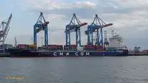 CMA CGM LOUGA (IMO 9745550) am 14.8.2019, Hamburg, Elbe, Terminal Burchardkai, Stromliegeplatz Athabaskakai / 
Feederschiff / BRZ 29.316 / Lüa 195,1 m, B 32,2 m, Tg 11,5 m / 1 Diesel, MAN B&W 6G60ME-C9.5, 16.800 kW (22.842 PS), 20,2 kn / 2.487 TEU, davon 710 Reeferplätze / gebaut 2018 in China / Flagge: Malta /
