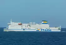 Huckleberry Finn in der Ostsee auf dem Weg von Trelleborg nach Travemünde, von Bord der Robin Hood gesehen, 19.09.2019.