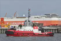 Schlepper RT Peter Valletta (IMO 9474917), fährt auf der Weser ihrem nächsten Auftrag entgegen. 16.09.2019