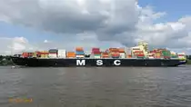 MSC ARICA (IMO 9619452)am 21.8.2019, Hamburg auslaufend, Elbe Höhe Övelgönne / 

Ex-Name: Jacob Schulte /

Containerschiff / BRZ 94.017 / Lüa 299,18 m, B 48,2 m, Tg 14,85 m / 1 Diesel, MAN-B & W 9S90ME-C8.2, 47.430 kW (64.486 PS), 22 kn / TEU 3.830, 1000 Reeferplätze / gebaut 2012 in Südkorea / Manager: Bernhard Schulte Schiffsmanagement (Deutschland) GmbH & Co. KG, Charterer: MSC - Mediterrane Reederei / Flagge: Malta, Heimathafen Valetta / 
