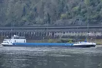 Im Bild das Gütermotorschiff MONDEO (ENI: 02328092). (Unkel, April 2021)