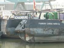 Heckansicht vom zum schieben ausgersteten Motorfrachtschiff  SCHAUNBURG  der Donau-Dampfschiffahrts-Gesellschaft im Osthafen Regensburg (2008).