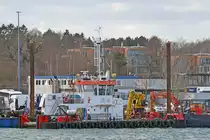 DBB ASTERIX (IMO 9878125) am 25.02.2023 im Hafen von Lübeck-Travemünde. Das rund 24 Meter lange Seefahrzeug ist zurzeit im Einsatz, um mit Baggergut von der Baustelle Skandinavienkai gefüllte Bargen in die Lübecker Bucht zu bringen, wo das Baggergut verklappt wird.