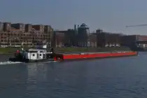 Schubboot ENI 02314304, (ehemals Phoenix) der Linax-shipping Reederei aus Belgien, schiebt den Leichter an Maastricht zu Berg vorbei. 28.03.2025