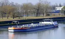 TMS Synthese, rheinaufwärts, wartet vor der Staustufe Vogelgrün/Elsaß auf die Schleusung, Feb.2025