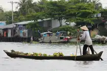 Kleines Flussboot (namenlos); Eigner/Betreiber: privat; Aufnahmeort: Can Tho, Mekong (Mekongdelta), Vietnam; Datum: 08.11.2011.  Info: Nicht jedem Bewohner  des Mekongdeltas ist der Besitz eines schnellen, motorisierten Bootes vergönnt. Bis zum heutigen Tag spielen nach wie vor muskelbetriebene Boote im Warenverkehr (meist frisches Obst und Gemüse) eine wichtige Rolle.