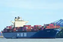 Die HMM TACOMA IMO-Nummer:9385001 Flagge:Südkorea Länge:293.0m Breite:40.0m Baujahr:2009 Bauwerft:Koyo Dockyard,Mihara Japan aufgenommen am 31.08.25 beim auslaufen aus Hamburg vom Fähranleger Teufelsbrück.