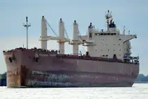 Die FEDERAL TRIDENT IMO-Nummer:9658977 Flagge:Marshallinseln Länge:190.0m Breite:32.0m Baujahr:2016 Bauwerft:Oshima Shipbuilding,Saikai Japan beim einlaufen nach Hamburg am 31.08.25 vom Fähranleger Teufelsbrück aufgenommen.